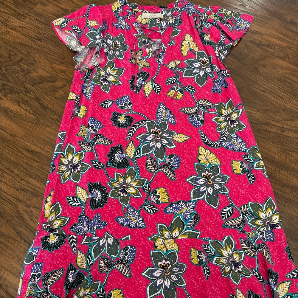 LOFT Pink and Green Floral Dress